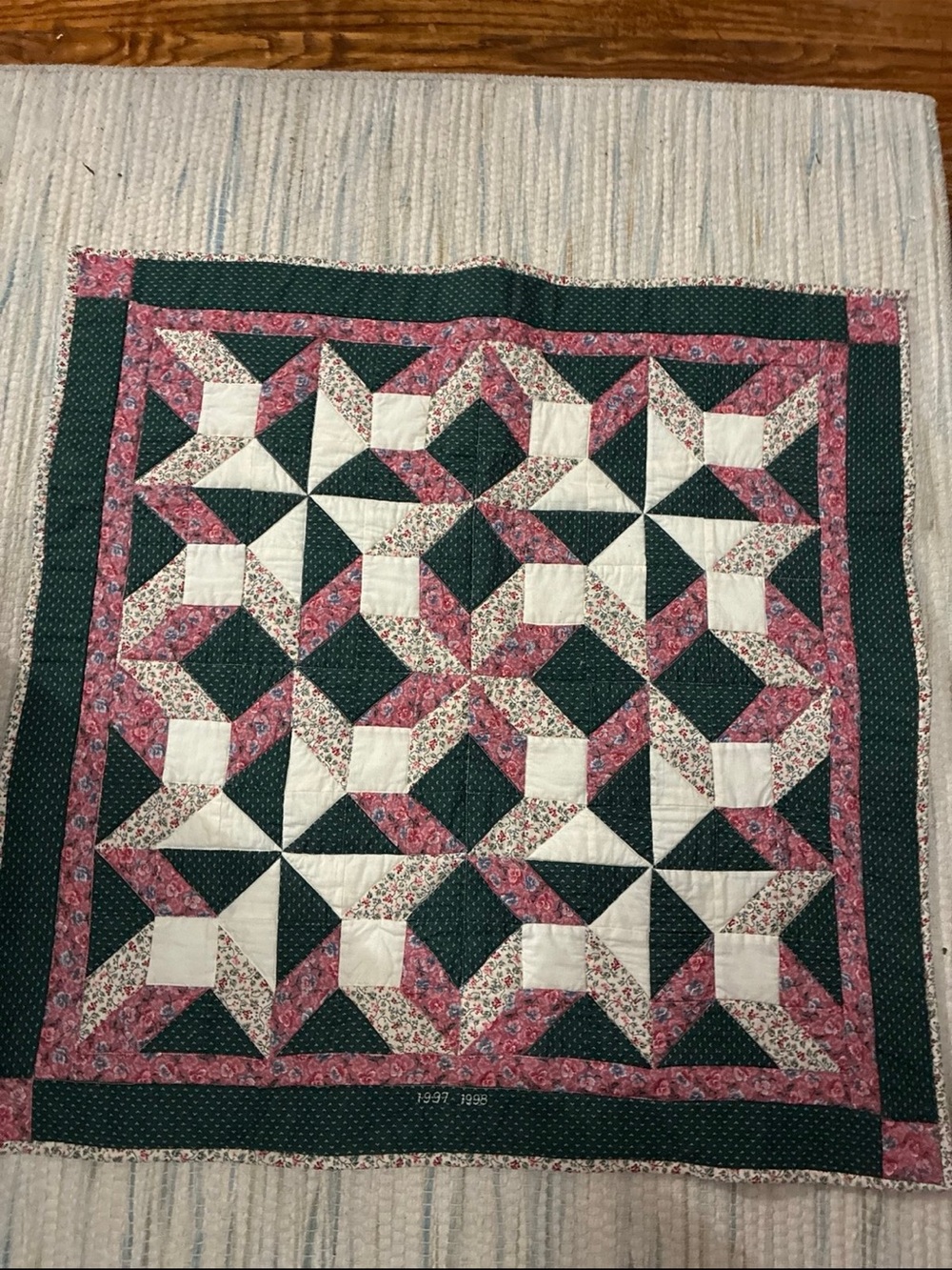 Handmade Pink and Dark Green Patchwork Quilt wall decoration 28x28